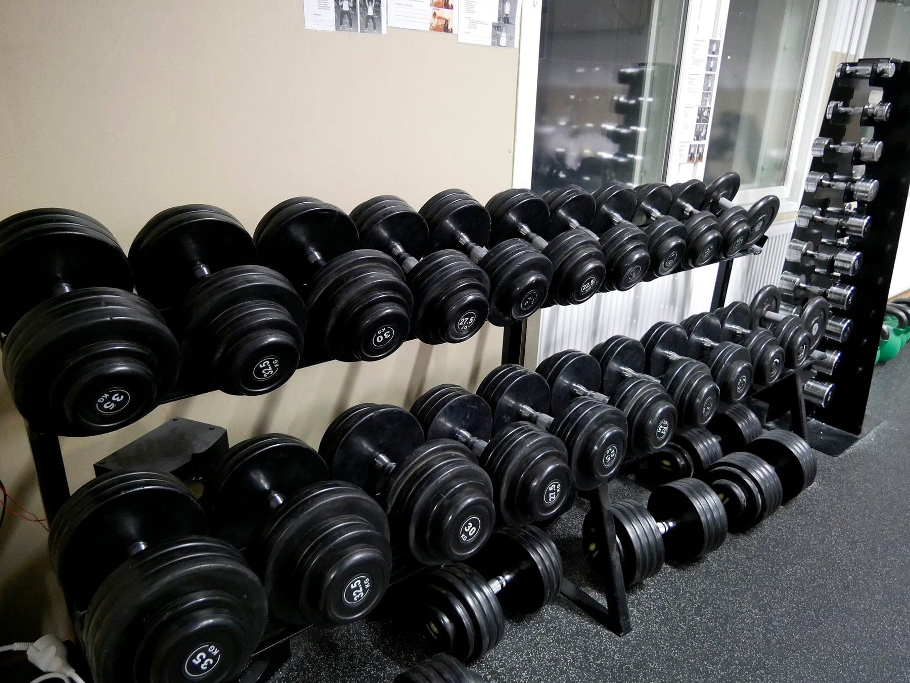 A rack of dumbbells.